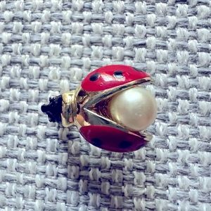 Vintage Lady Bug Enamel Red Faux Pearl Body Insect Mini Lapel Brooch / Pin